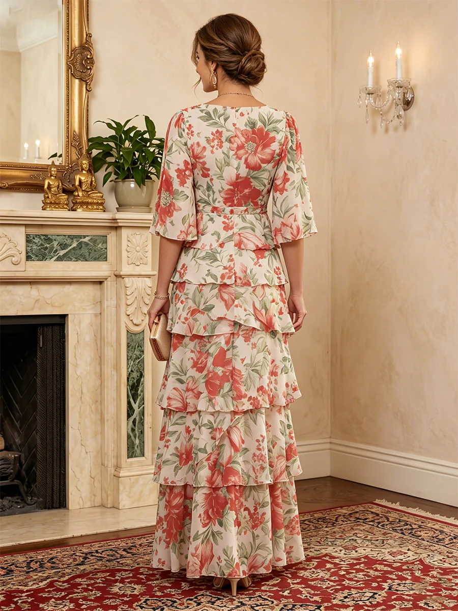 Floral Print A-Line/Princess V-Neck Floor-Length Mother of the Bride & Groom Dresses with Tiered Layers