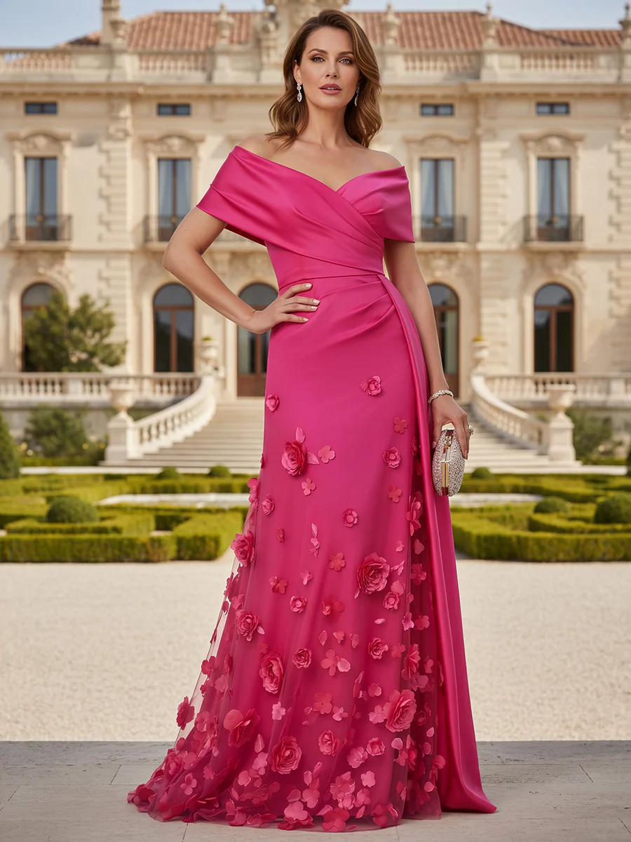 Tulle A-Line/Princess Off Shoulder Floor-Length Mother of the Bride & Groom Dresses with 3D Flowers