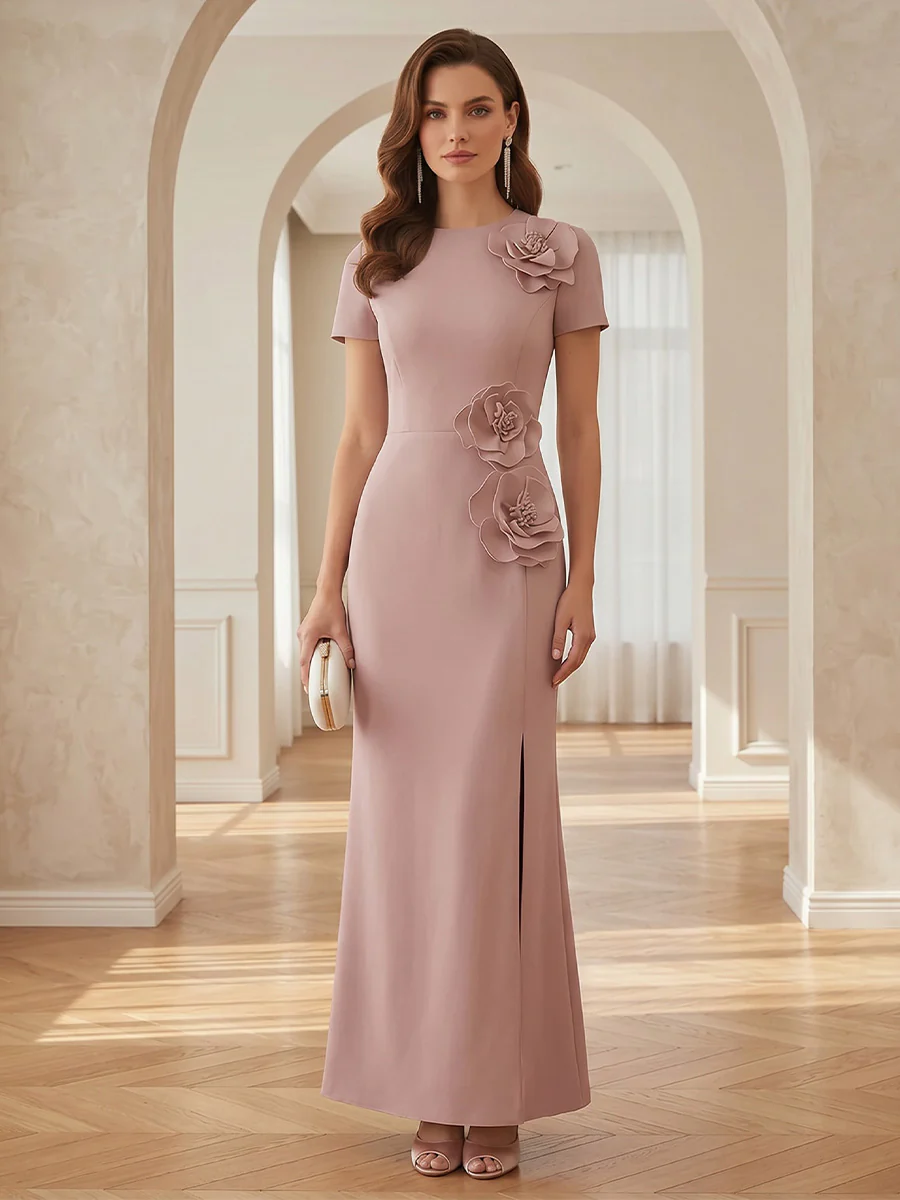 Stretch Mesh Sheath/Column Scoop Neck Floor-Length Mother of the Bride & Groom Dresses with 3D Flowers & Slit