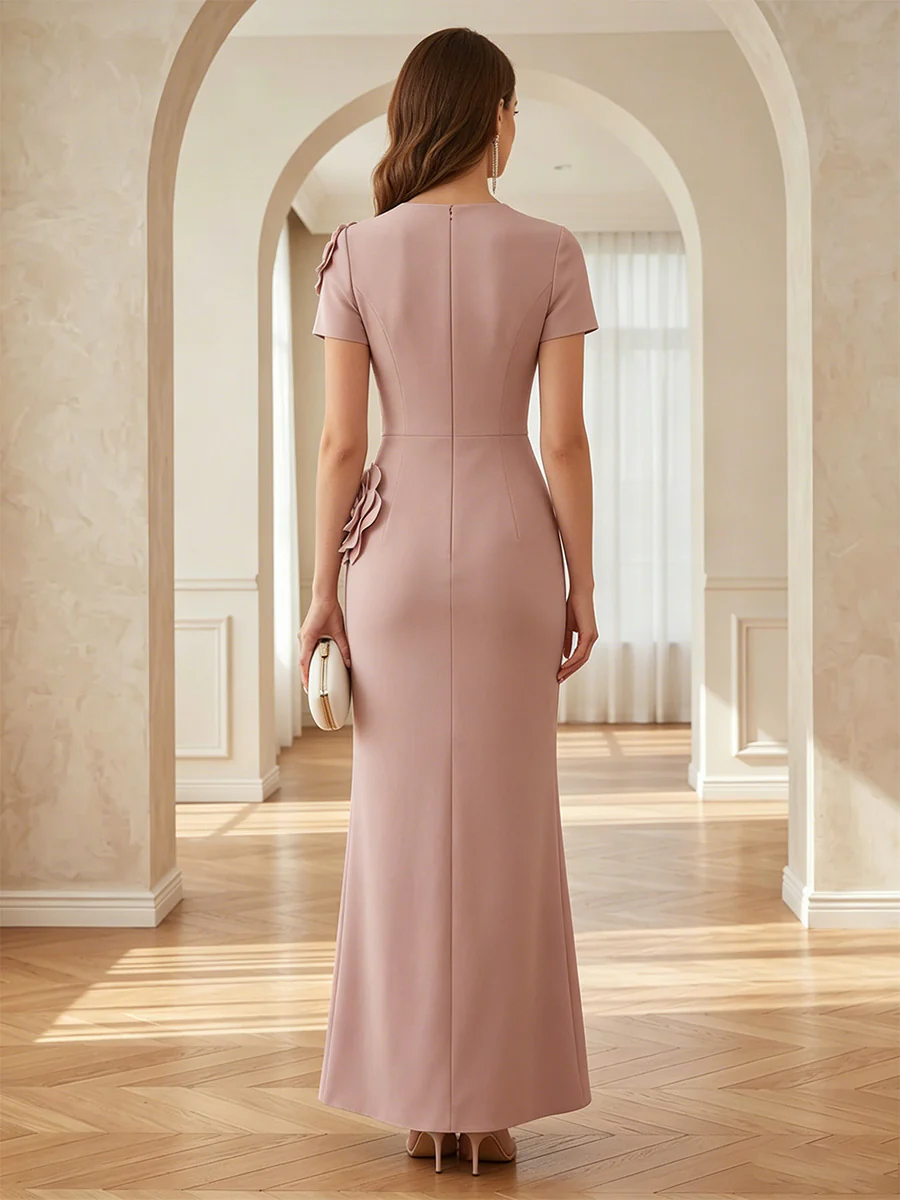 Stretch Mesh Sheath/Column Scoop Neck Floor-Length Mother of the Bride & Groom Dresses with 3D Flowers & Slit