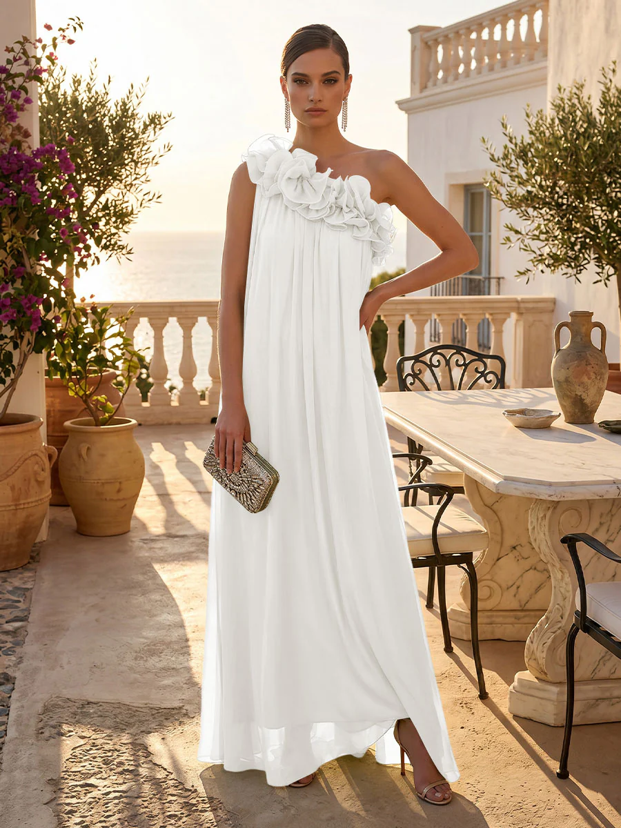 Chiffon A-Line/Princess One Shoulder Floor-Length Formal Dresses with Pleats