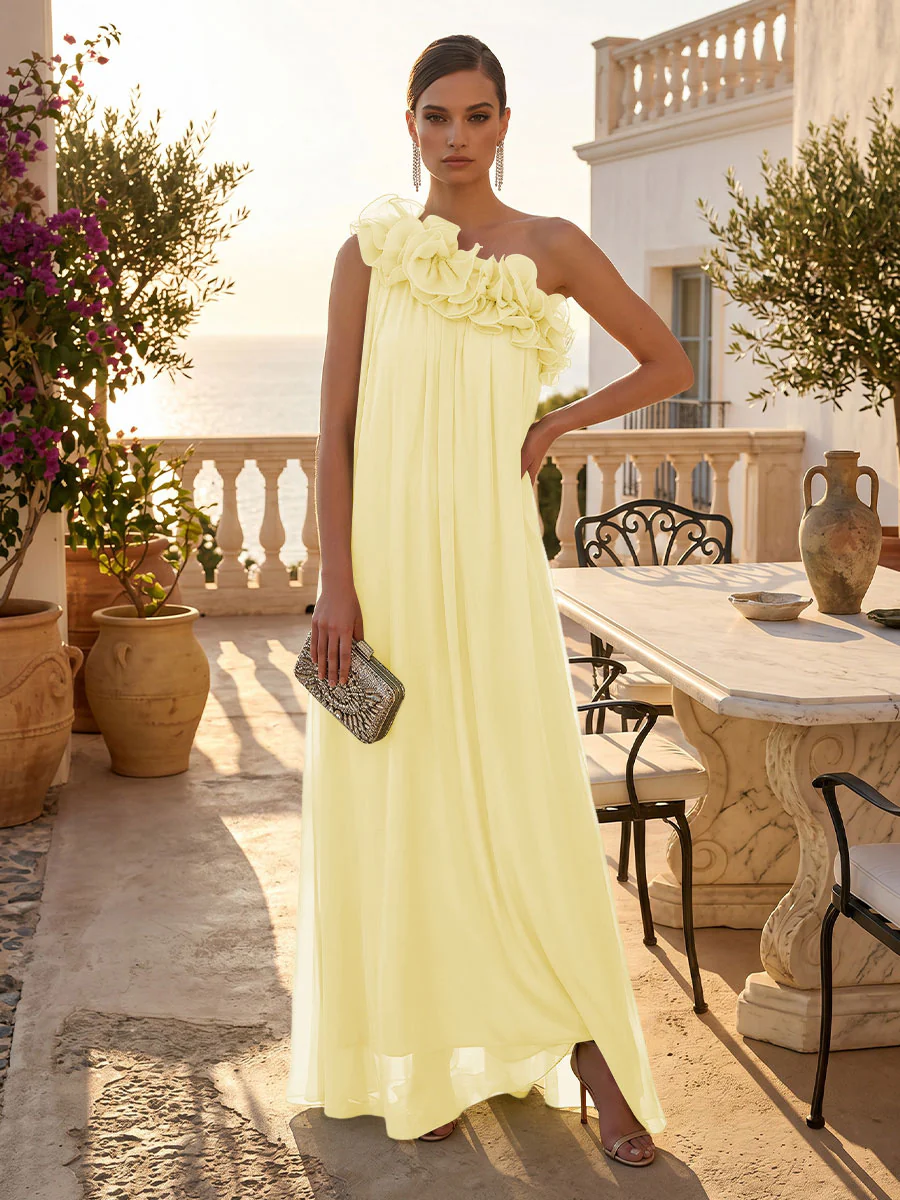 Chiffon A-Line/Princess One Shoulder Floor-Length Formal Dresses with Pleats