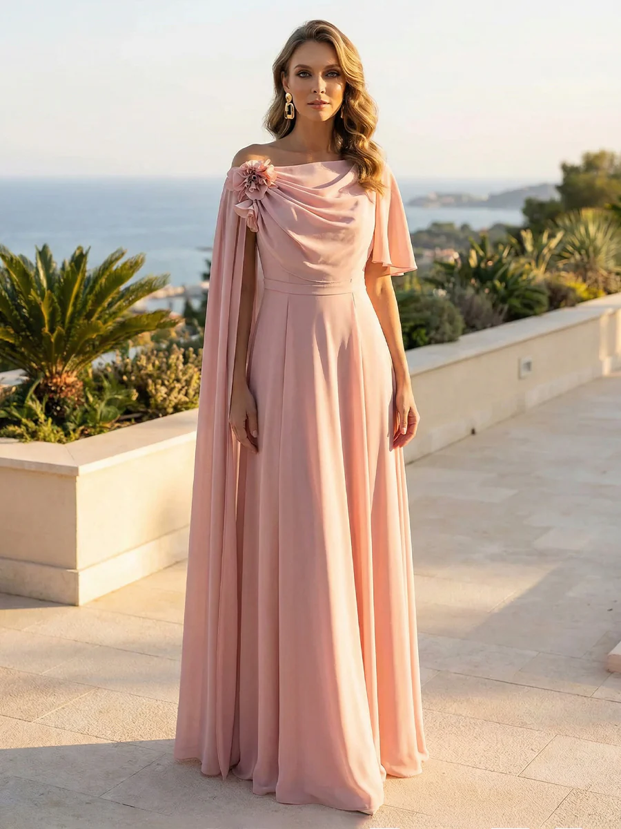 Graceful Chiffon Off-Shoulder Gown with Floral Accent