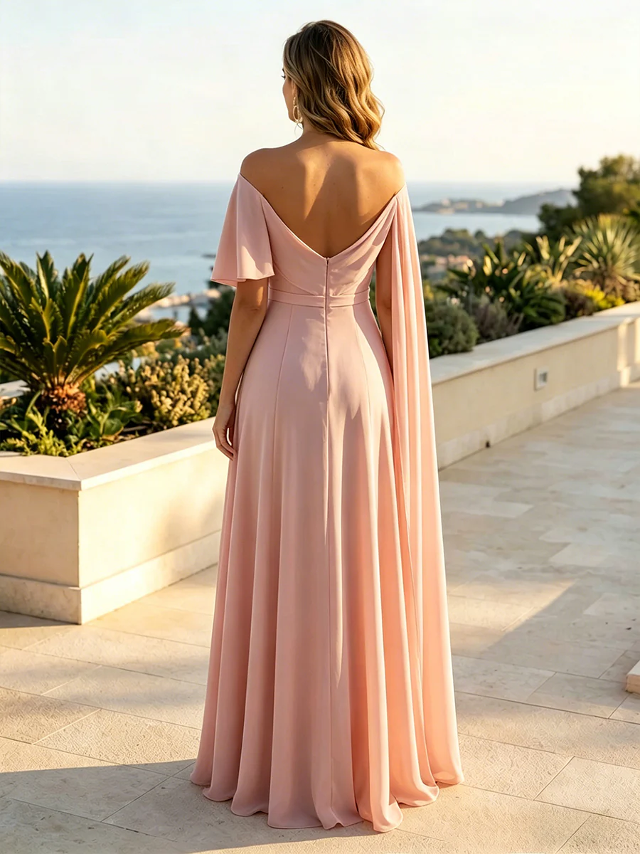 Graceful Chiffon Off-Shoulder Gown with Floral Accent