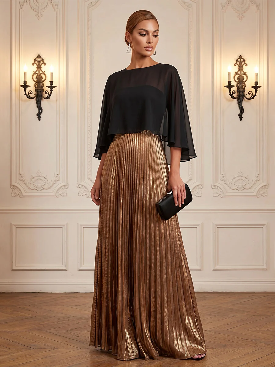 Sheer Capelet Overlay Pleated Metallic Maxi Dress
