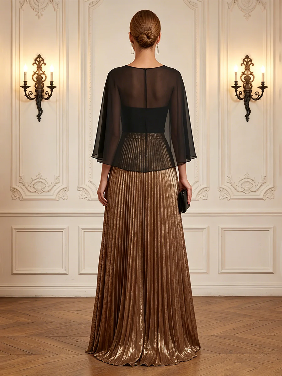 Sheer Capelet Overlay Pleated Metallic Maxi Dress