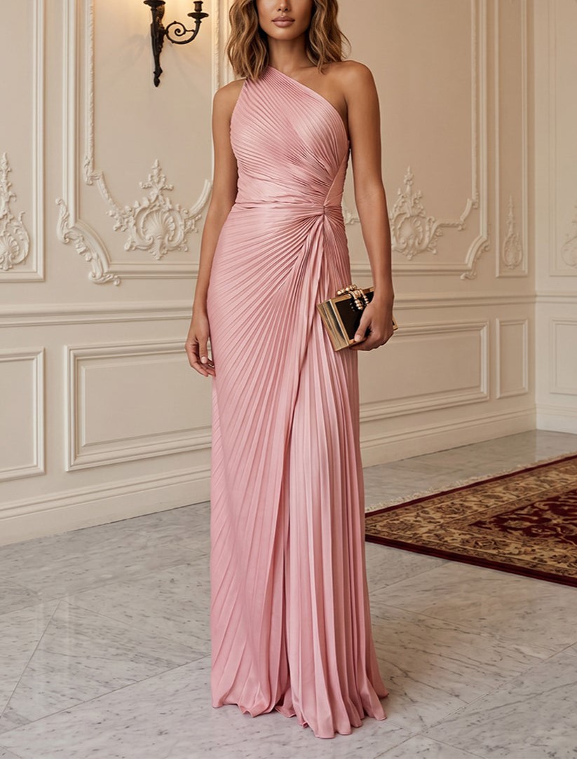 Satin Sheath One Shoulder with Pleats Maxi Dress