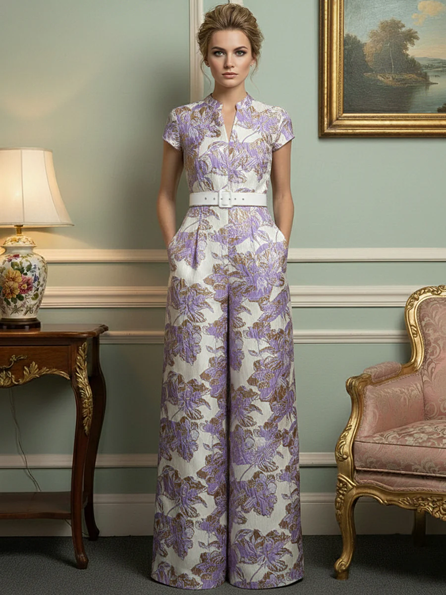 Jacquard Jumpsuits V-Neck Cap Sleeve Long Mother of the Bride Dresses with Belt