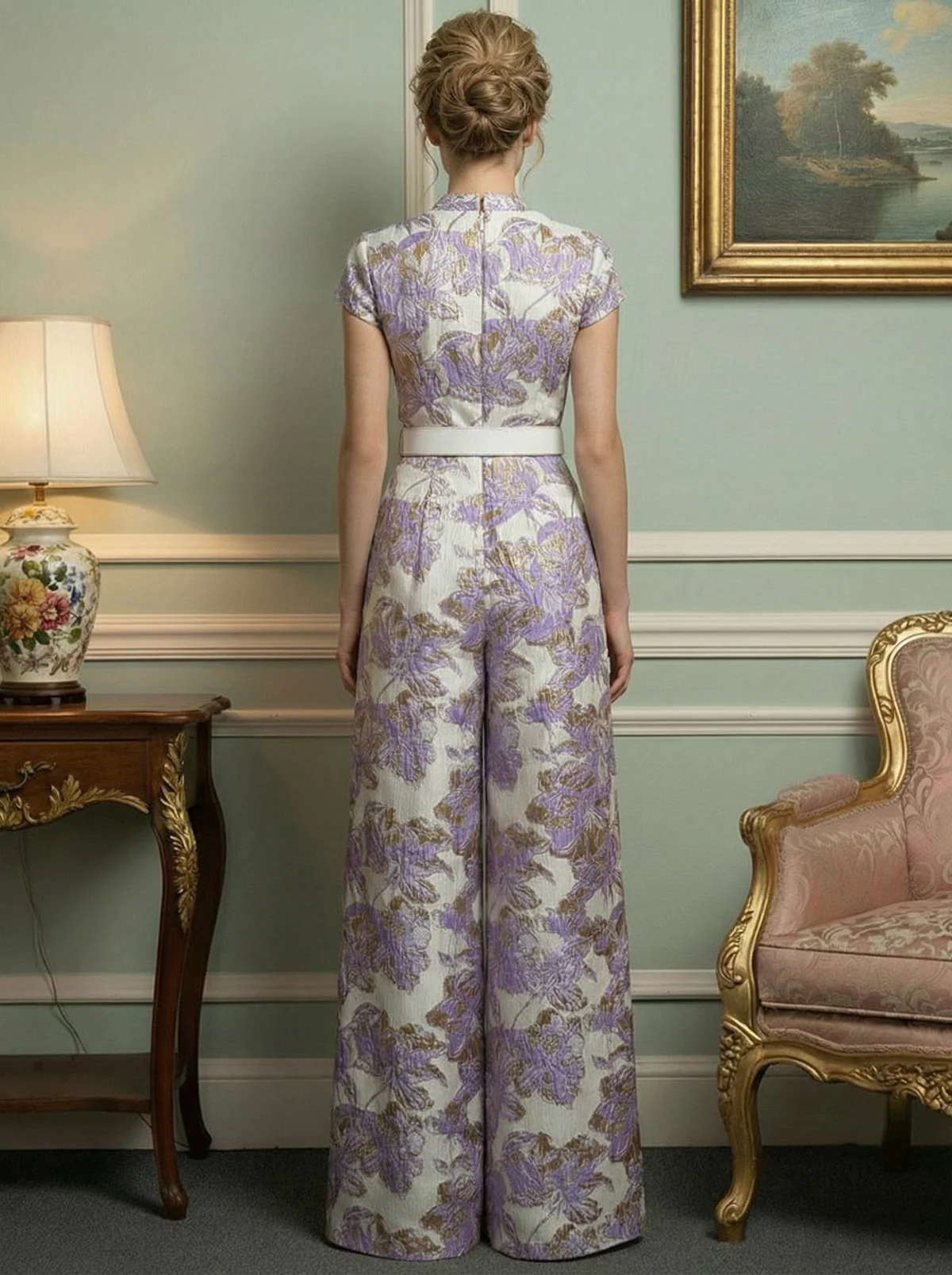 Jacquard Jumpsuits V-Neck Cap Sleeve Long Mother of the Bride Dresses with Belt