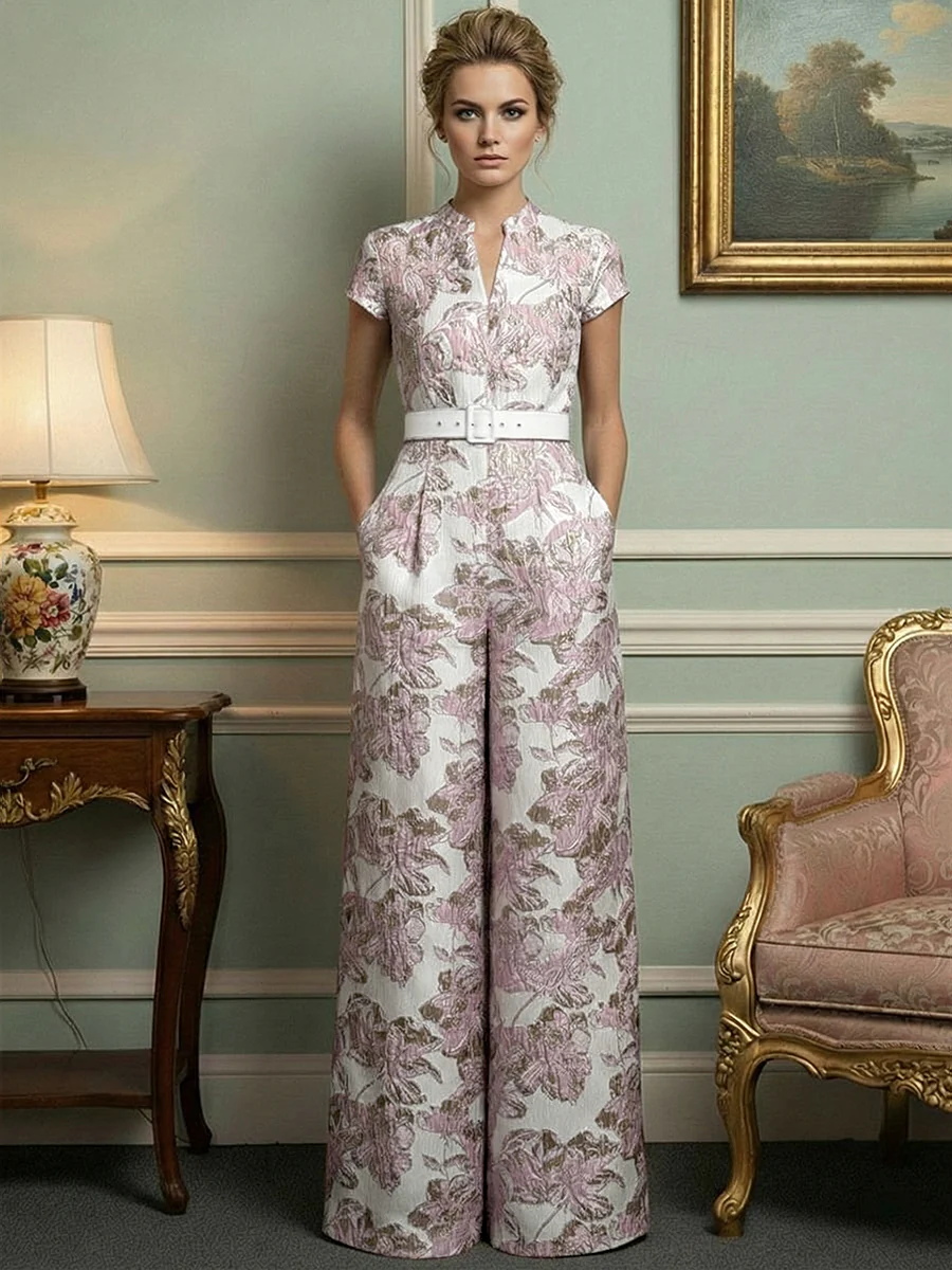 Jacquard Jumpsuits V-Neck Cap Sleeve Long Mother of the Bride Dresses with Belt