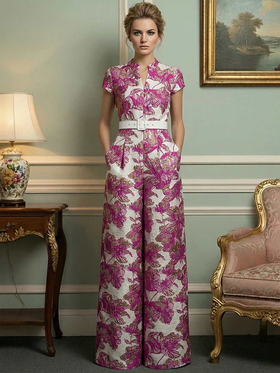 Jacquard Jumpsuits V-Neck Cap Sleeve Long Mother of the Bride Dresses with Belt