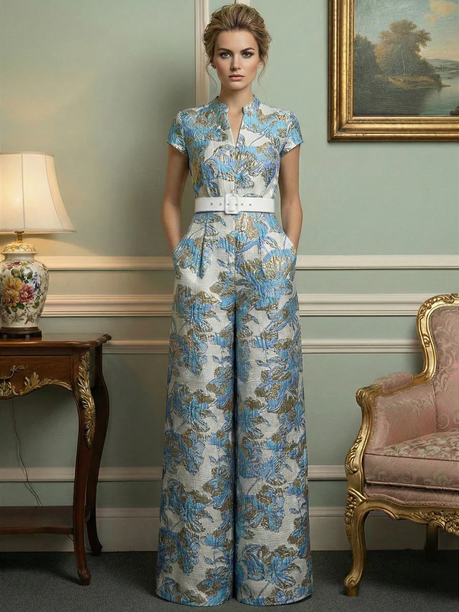 Jacquard Jumpsuits V-Neck Cap Sleeve Long Mother of the Bride Dresses with Belt