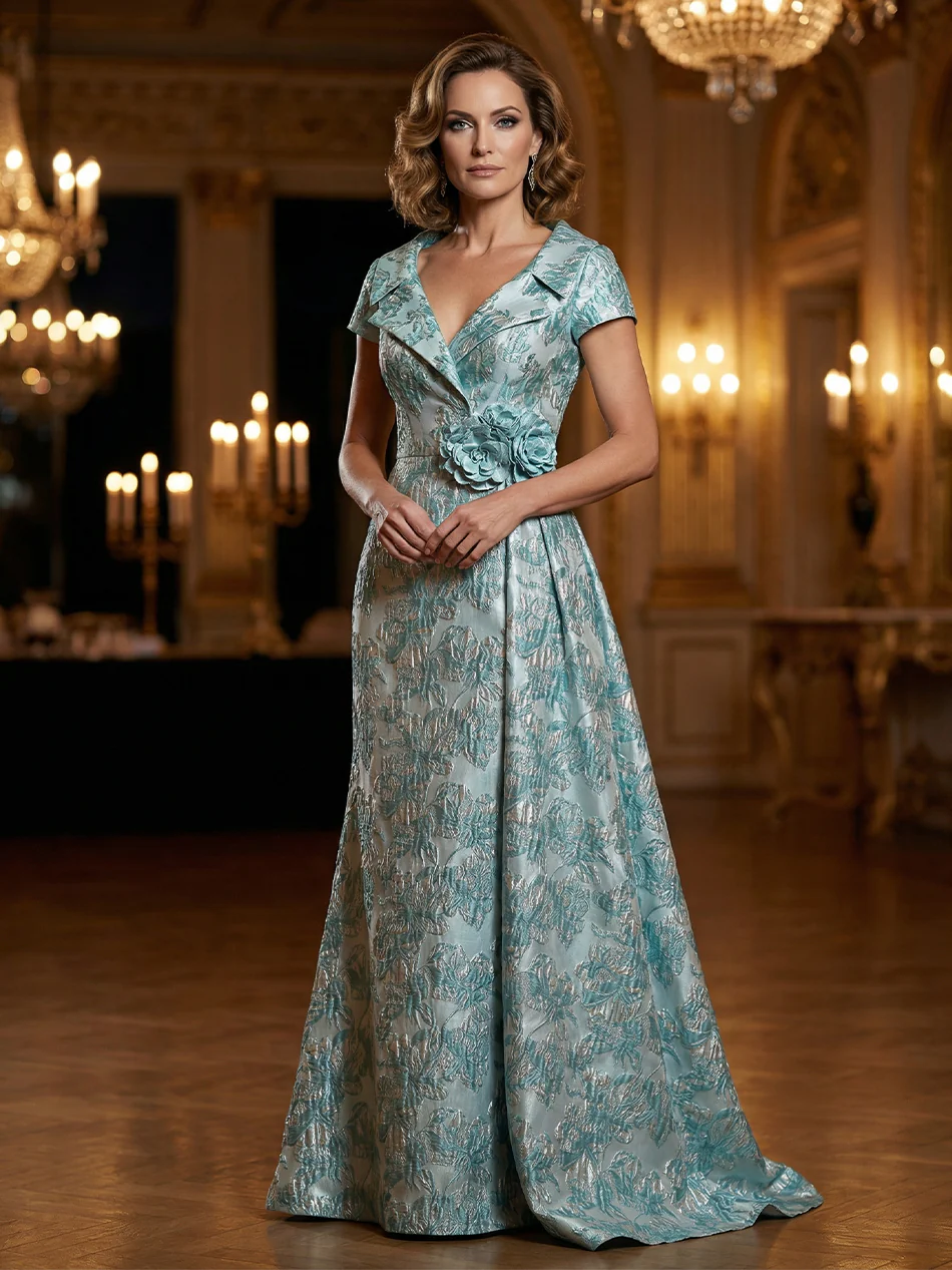 Floral Jacquard A-Line V-Neck Short Sleeve Maxi Mother of the Bride Dresses with 3D Flower