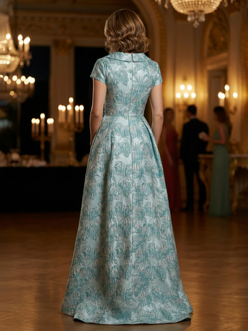 Floral Jacquard A-Line V-Neck Short Sleeve Maxi Mother of the Bride Dresses with 3D Flower