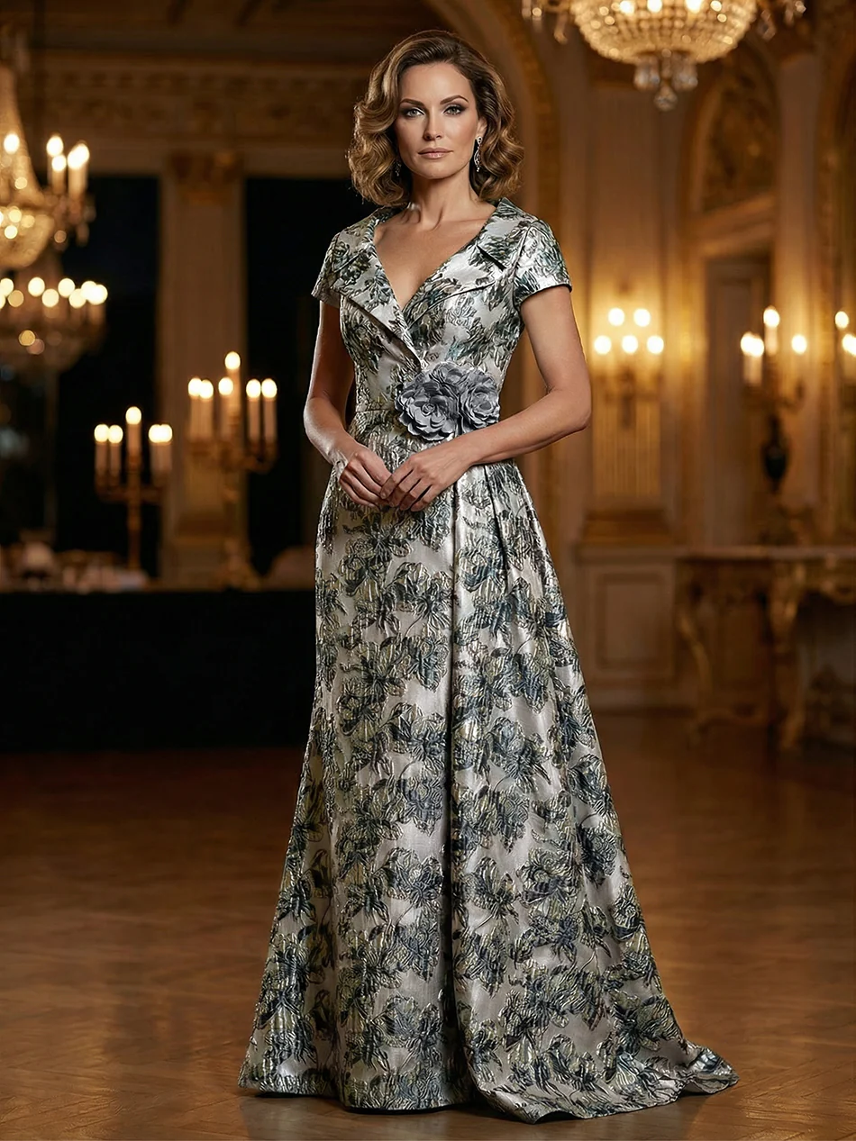 Floral Jacquard A-Line V-Neck Short Sleeve Maxi Mother of the Bride Dresses with 3D Flower