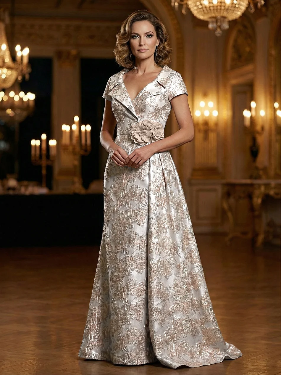 Floral Jacquard A-Line V-Neck Short Sleeve Maxi Mother of the Bride Dresses with 3D Flower