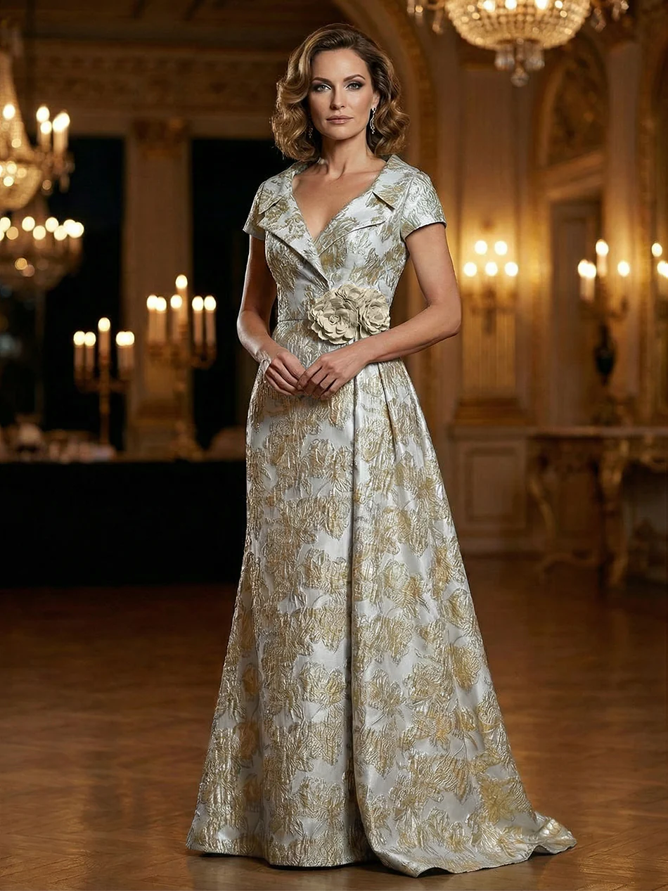 Floral Jacquard A-Line V-Neck Short Sleeve Maxi Mother of the Bride Dresses with 3D Flower