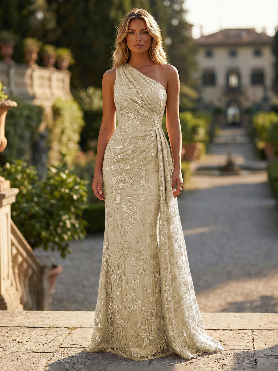 Sheath/Column Floral Lace Embroidered One Shoulder Evening Dresses Floor-Length Formal Gowns with Ruched Waist & Side Train