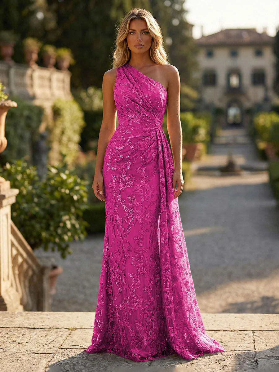 Sheath/Column Floral Lace Embroidered One Shoulder Evening Dresses Floor-Length Formal Gowns with Ruched Waist & Side Train