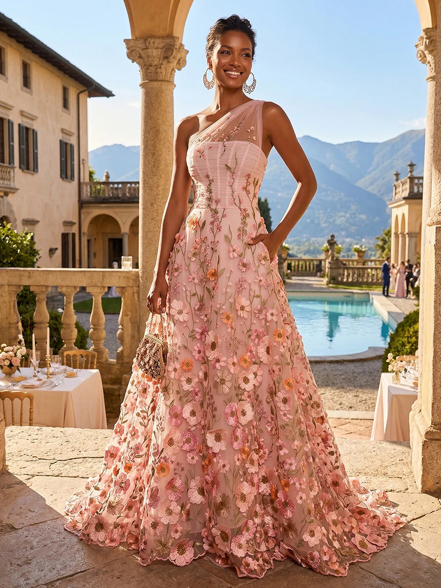 A-Line One Shoulder Floral Appliques Evening Dresses with Sweep Train