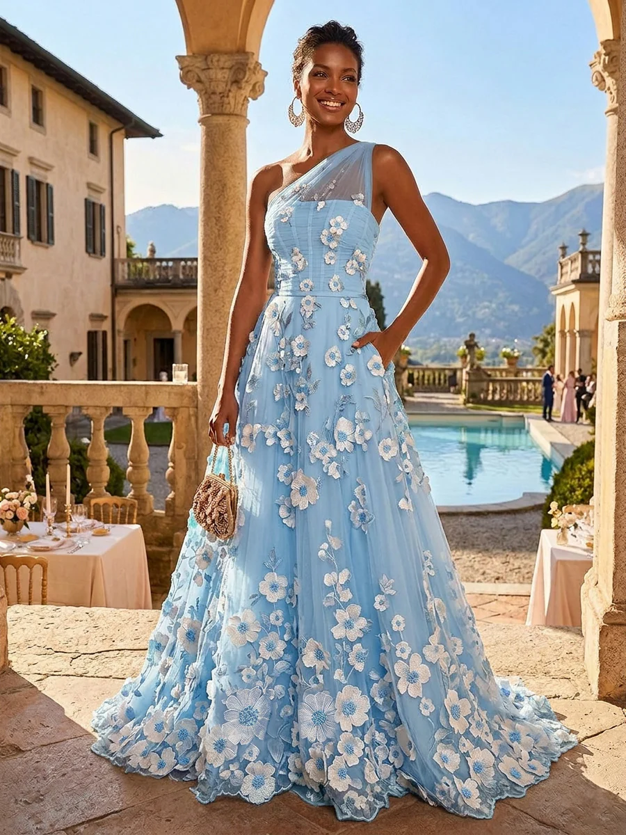 A-Line One Shoulder Floral Appliques Evening Dresses with Sweep Train