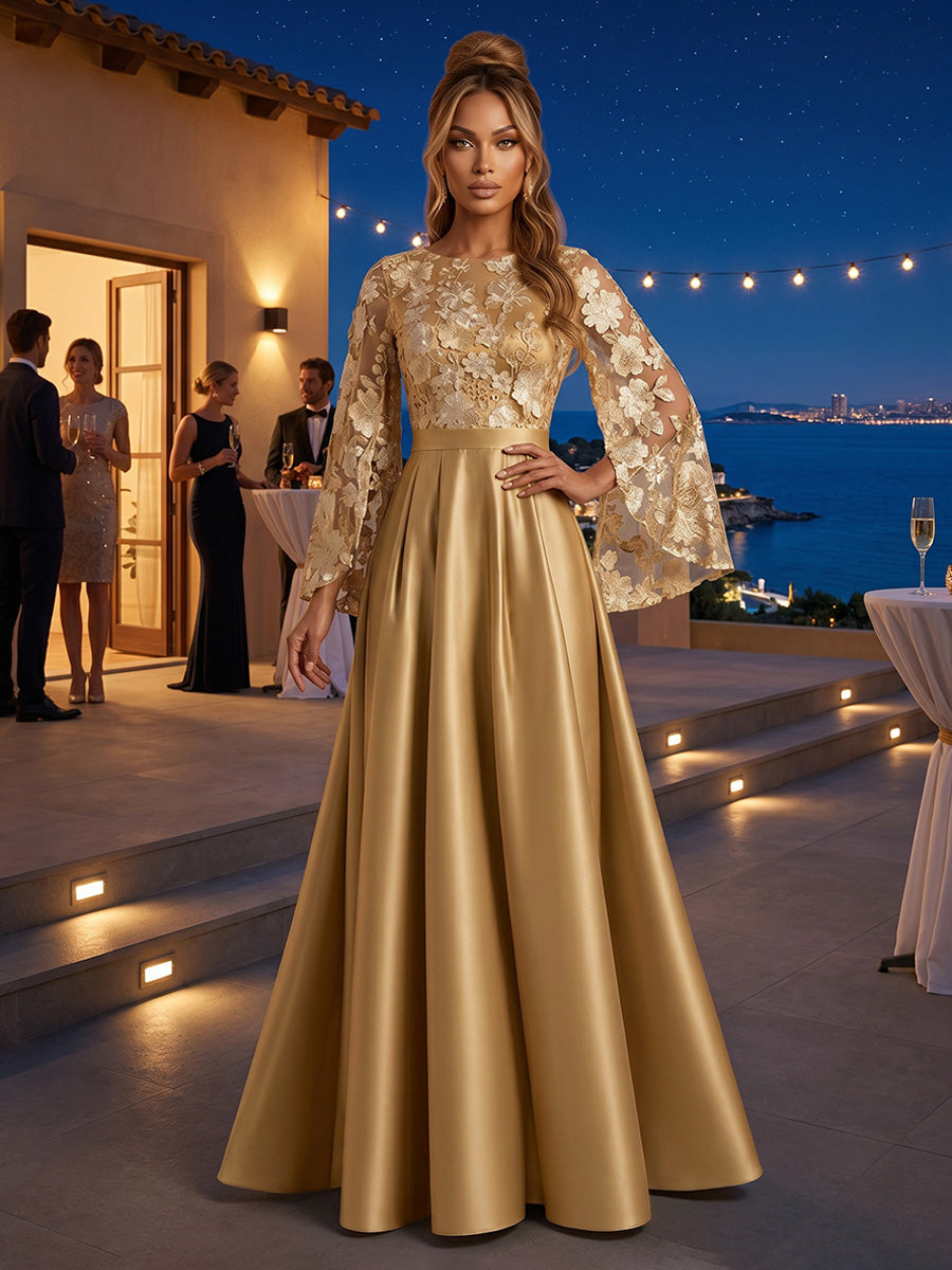 Satin A-Line Scoop Neck with Lace Appliques Bodice & Pleats Maxi Dress