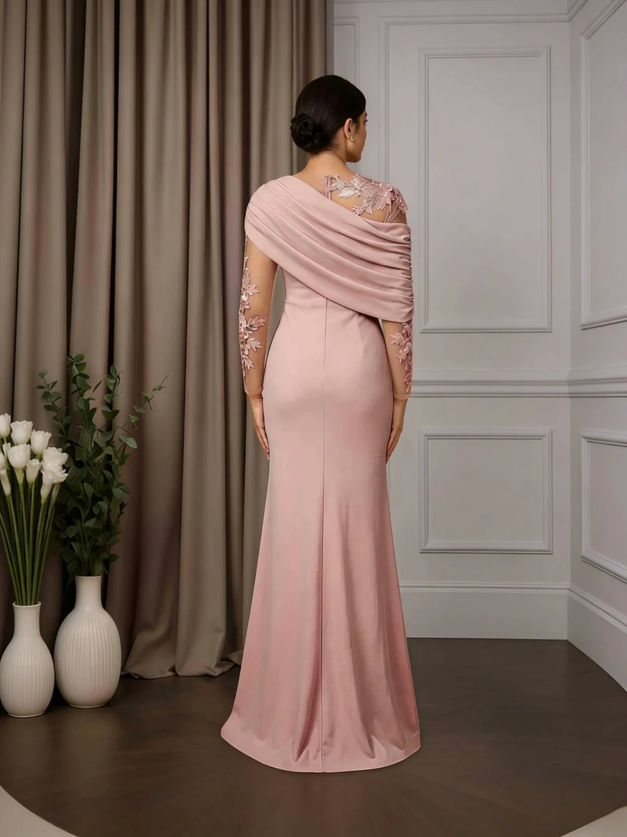 Satin Lace Applique One Shoulder Mermaid Long Sleeve Mother of the Bride Dresses