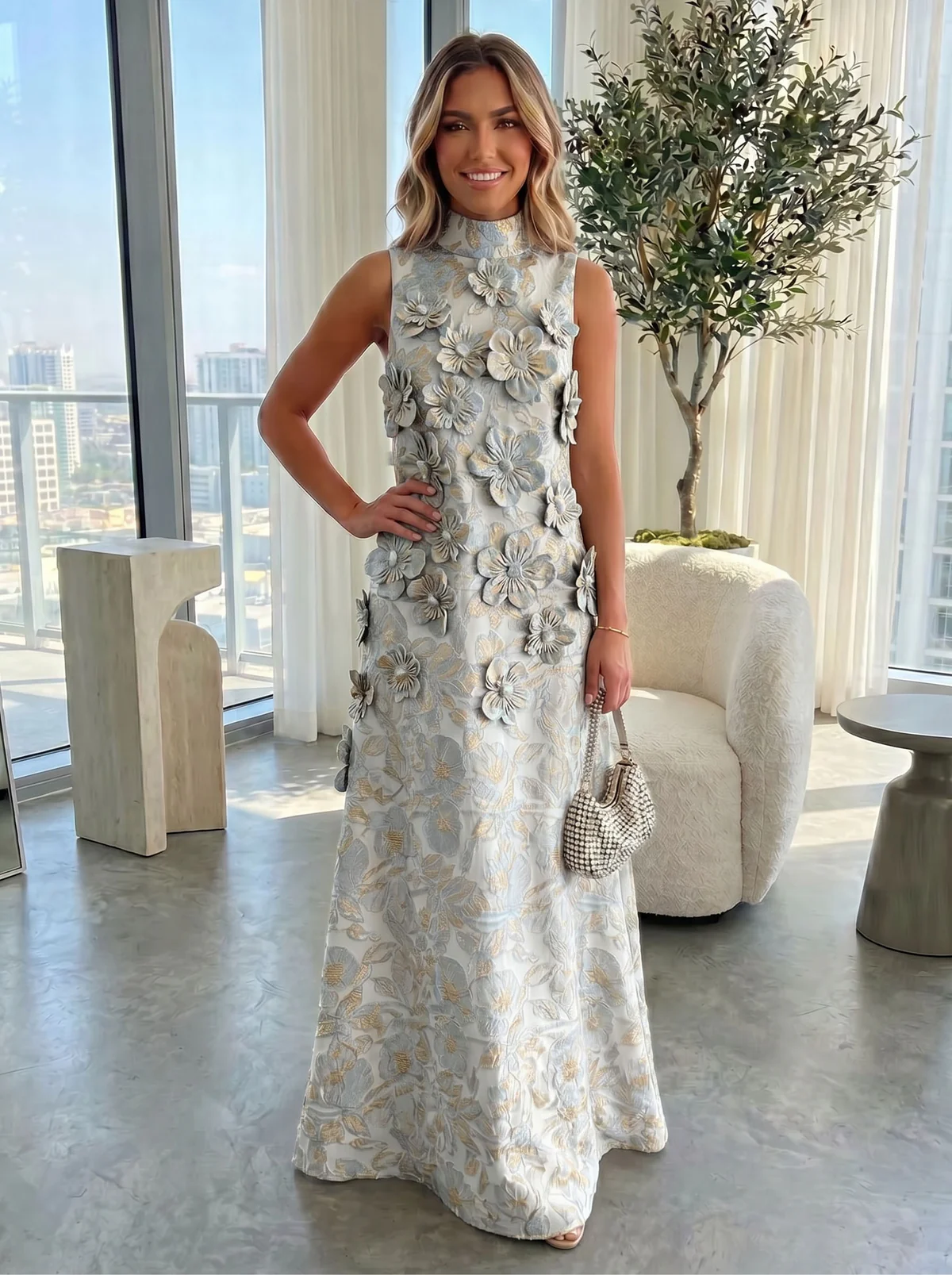 A-Line 3D Floral Appliques Jacquard High Neck Formal Dresses for Women
