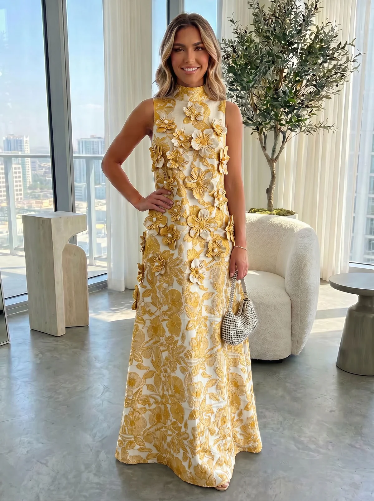 A-Line 3D Floral Appliques Jacquard High Neck Formal Dresses for Women
