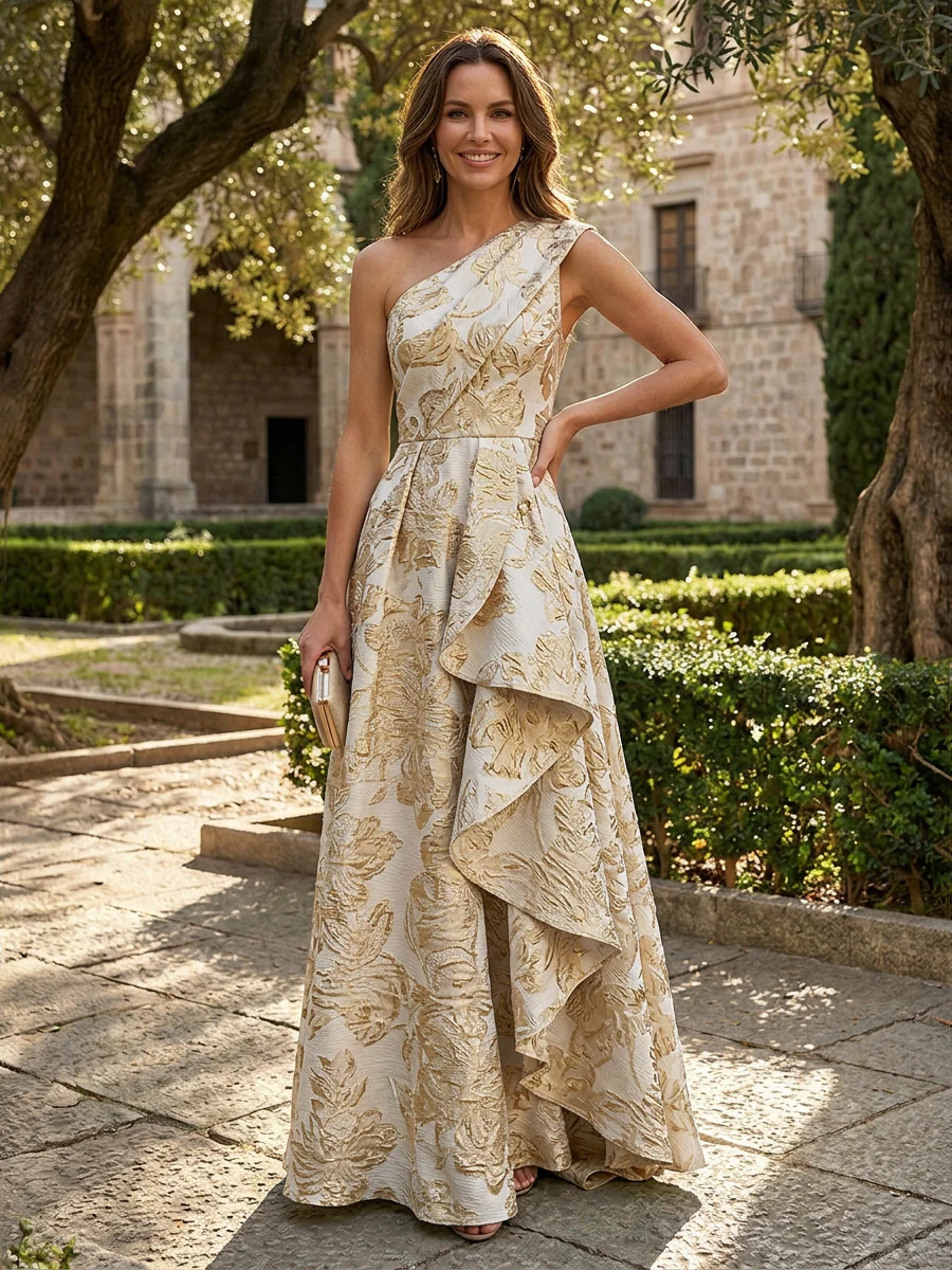 Jacquard A-Line/Princess One Shoulder Floor-Length Evening Dresses with Ruffles