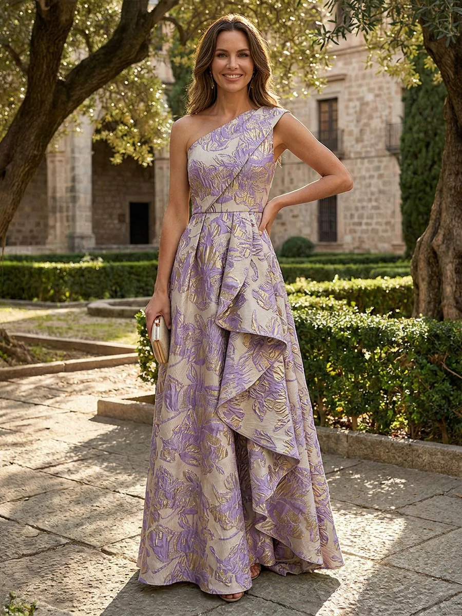Jacquard A-Line/Princess One Shoulder Floor-Length Evening Dresses with Ruffles