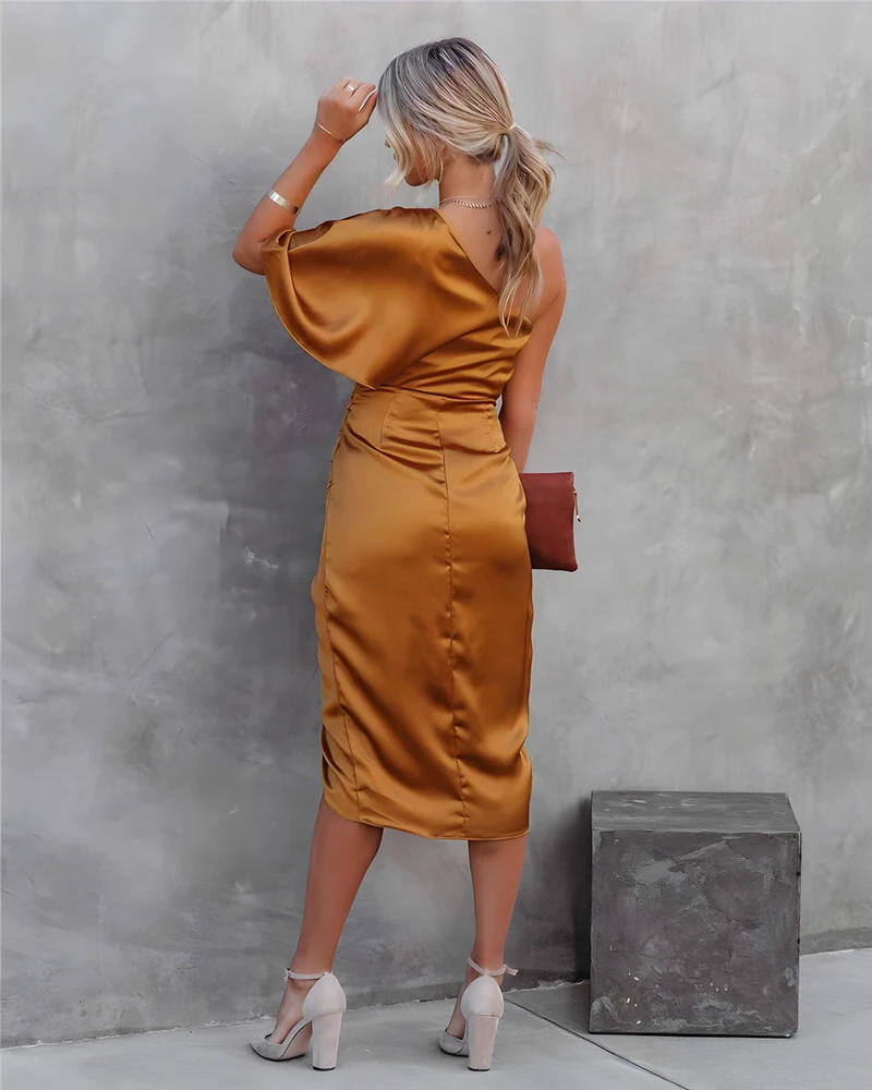 Black Satin One-Shoulder Ruched Midi Dress