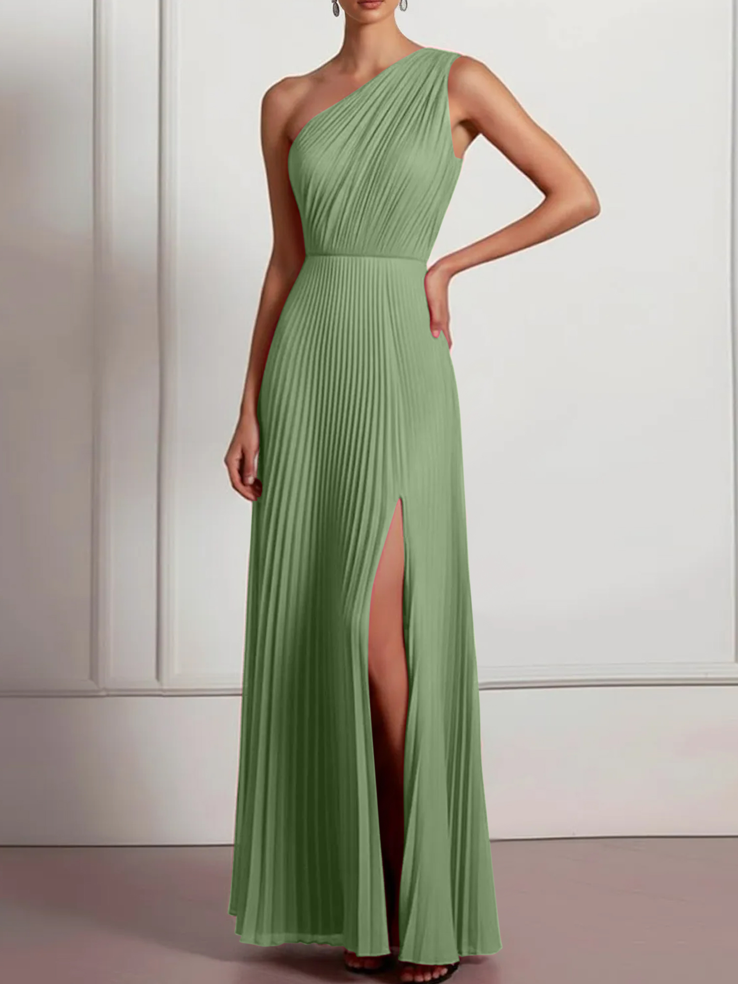 Blush Formal Party Dress One Shoulder Pleated Maxi Dress with Slit