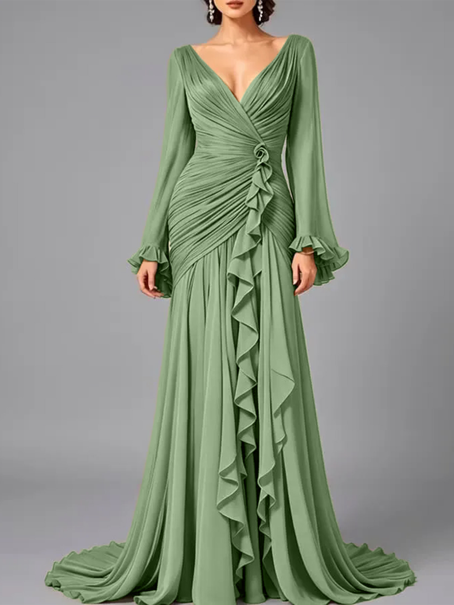 V-Neck Sheer Long Sleeve Ruffled Chiffon Dress