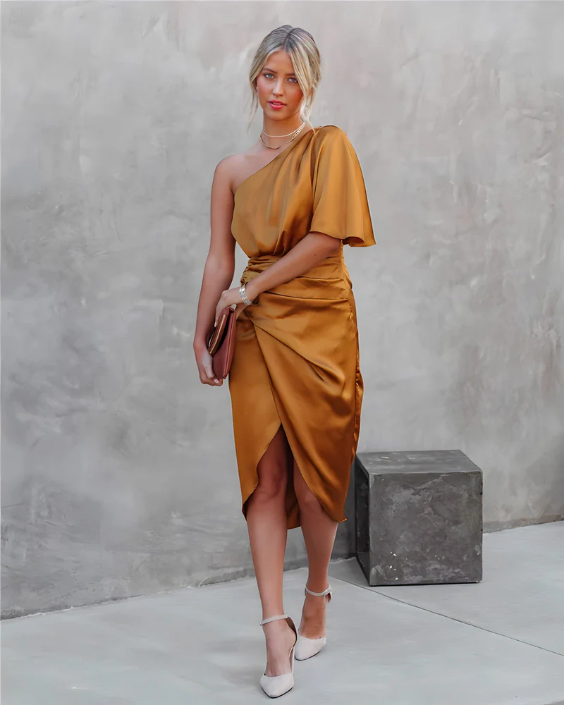 Black Satin One-Shoulder Ruched Midi Dress