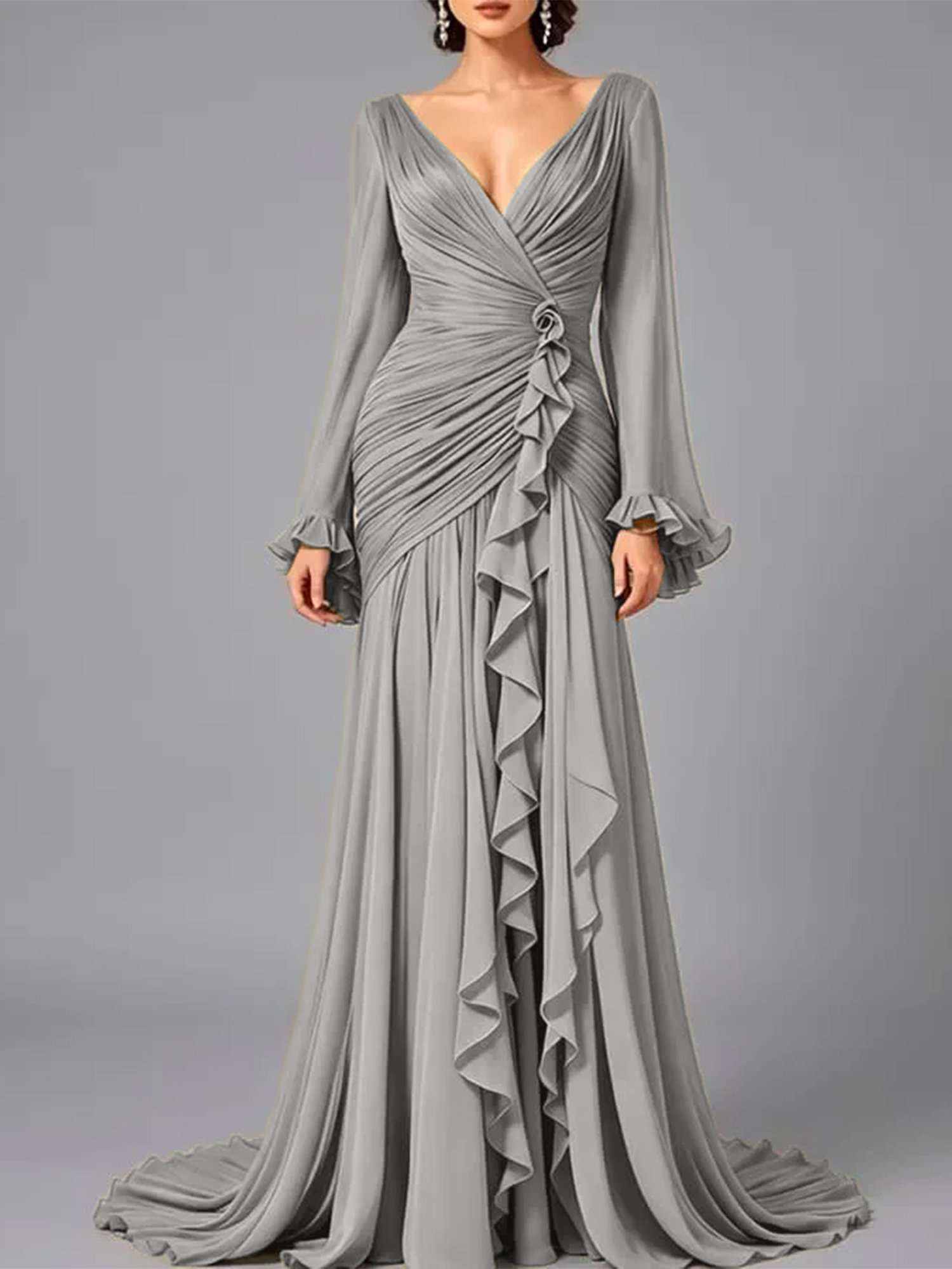 V-Neck Sheer Long Sleeve Ruffled Chiffon Dress