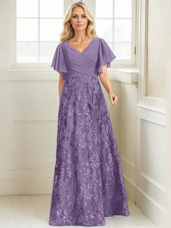 A-line V-Neck Floor-Length Lace Sequin Chiffon Mother of the Bride Dress With Pleated