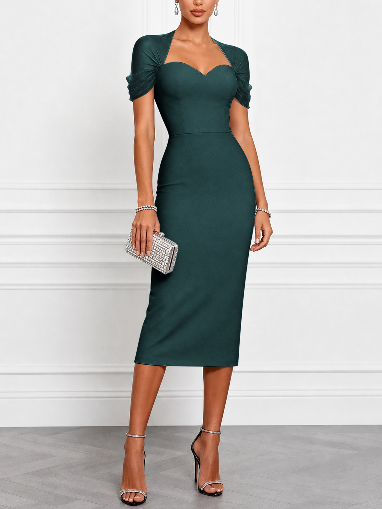 Black Sweetheart Neckline Mesh Sleeve Blended Midi Dress