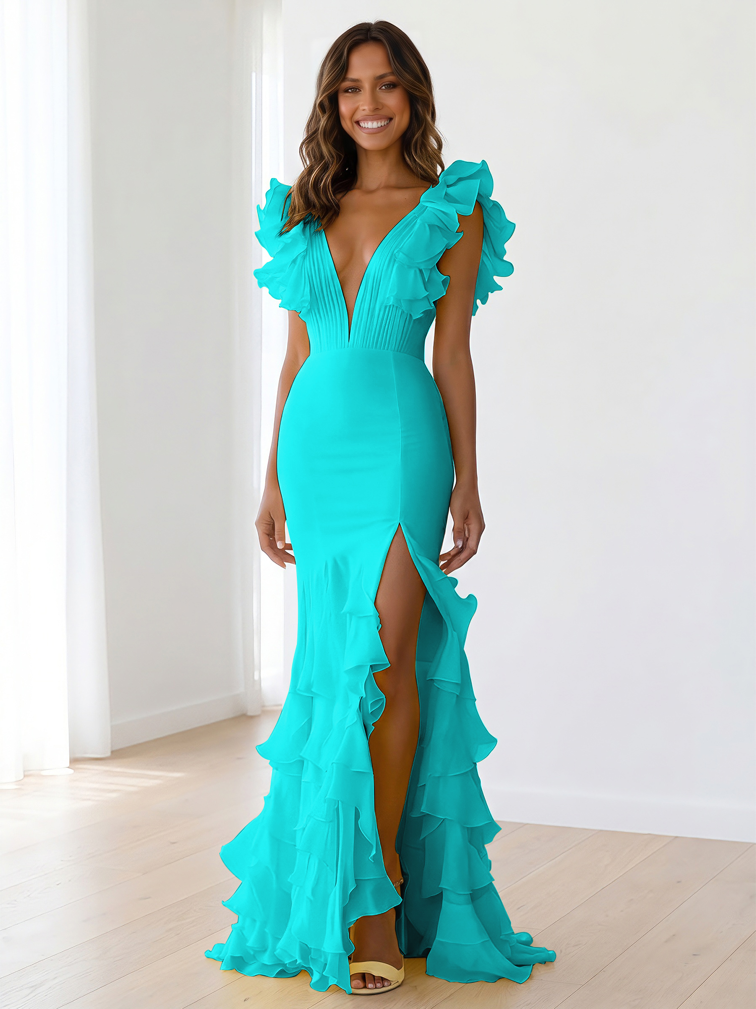 Yellow Chiffon V Neck Mermaid Ruffled Maxi Formal Dress with Slit