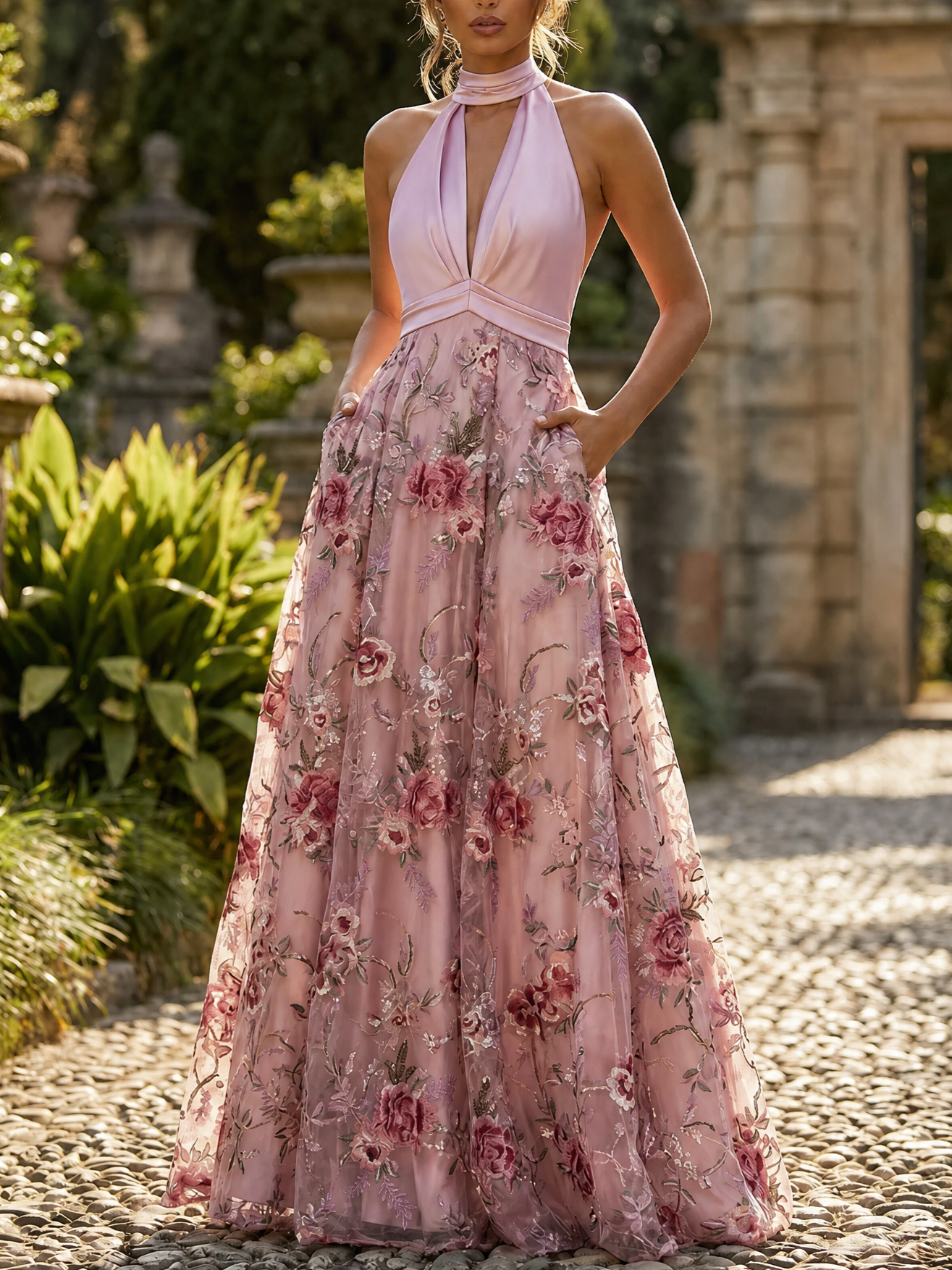 Halter Neck 3D Floral Embroidered A-Line Gown with Pockets & Open Back