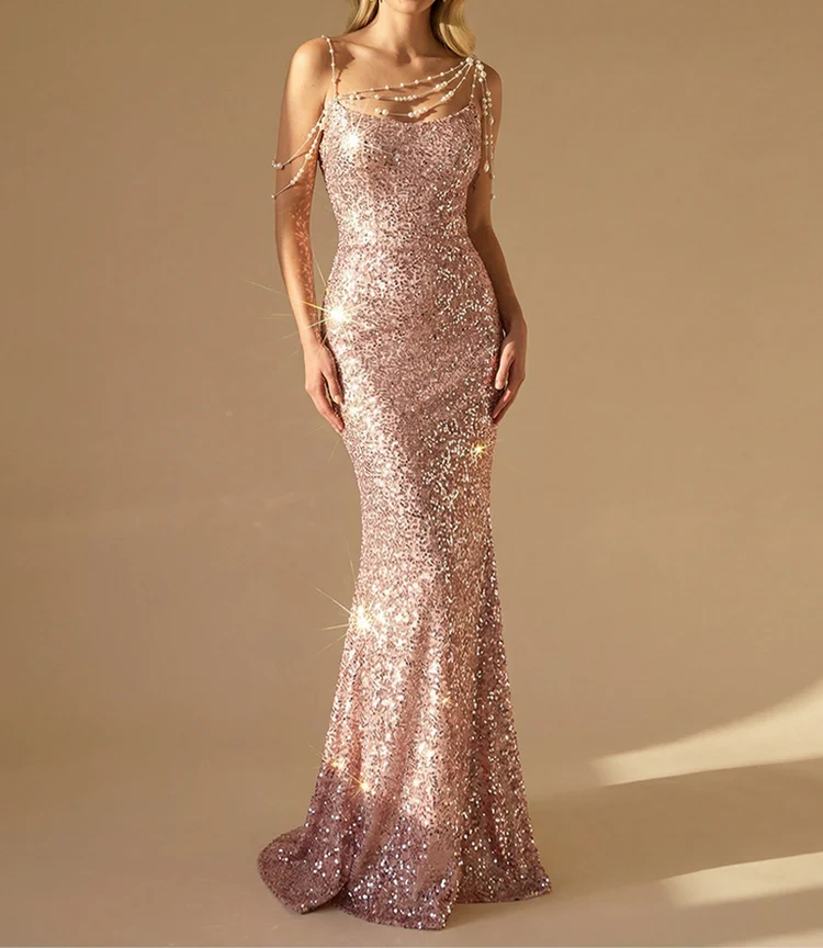 Sequin Spaghetti Straps Mermaid Wedding Guest Dresses with Beading