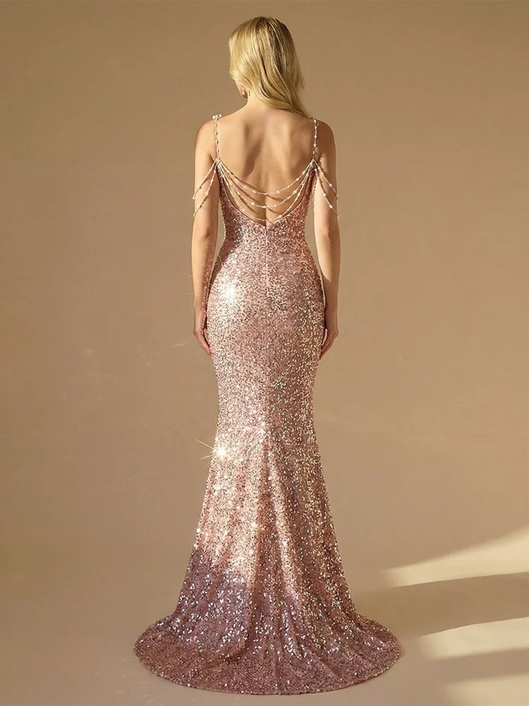 Sequin Spaghetti Straps Mermaid Wedding Guest Dresses with Beading