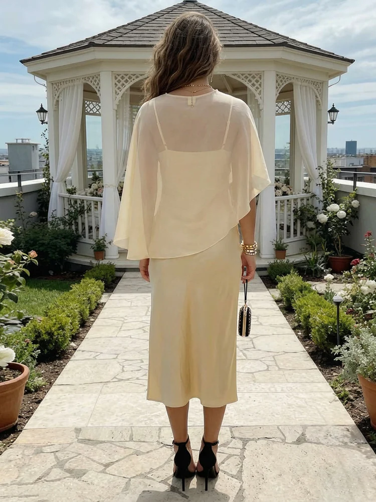 Satin Sheath Spaghetti Straps Tea Length Wedding Guest Dresses