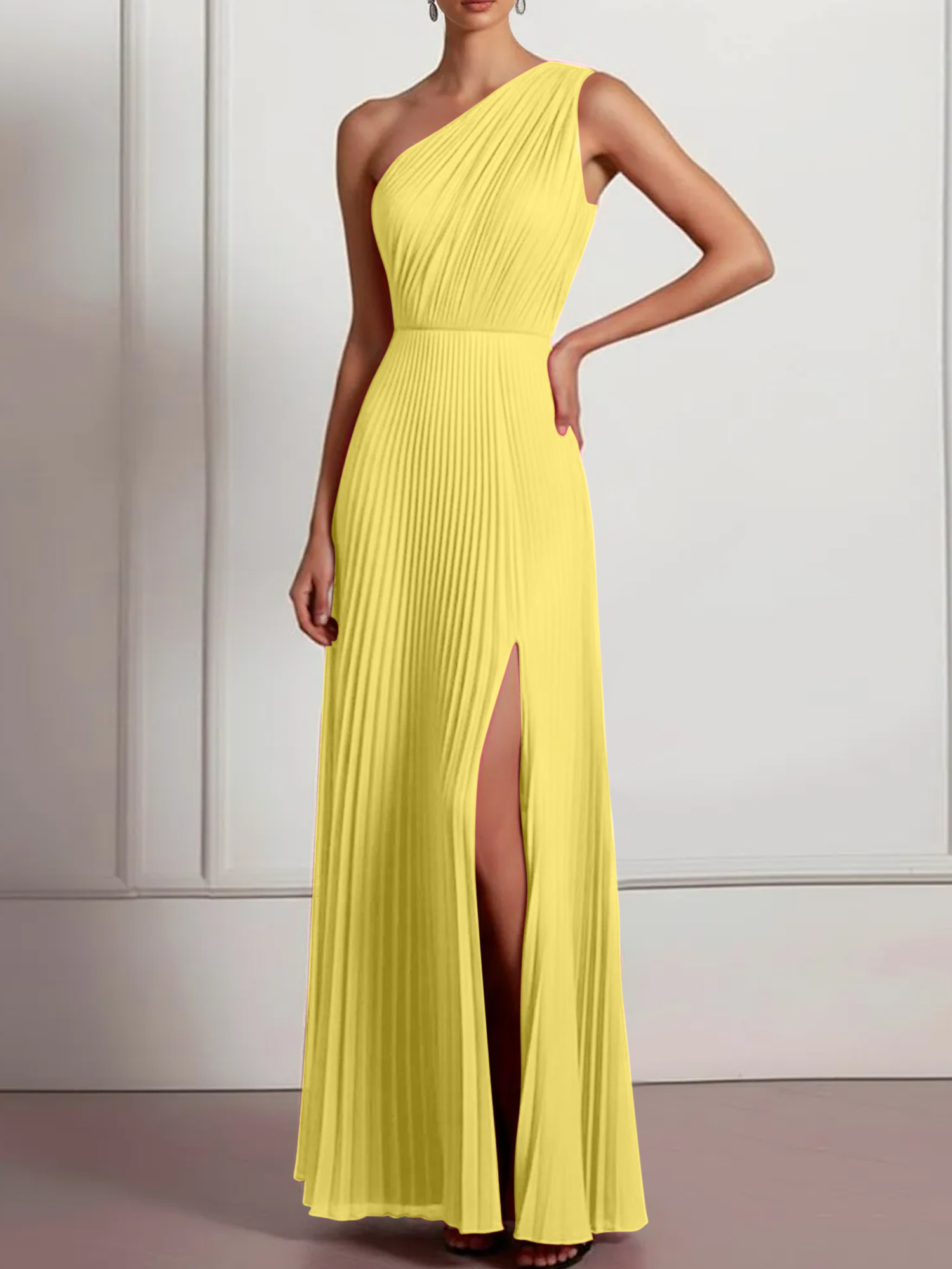Blush Formal Party Dress One Shoulder Pleated Maxi Dress with Slit