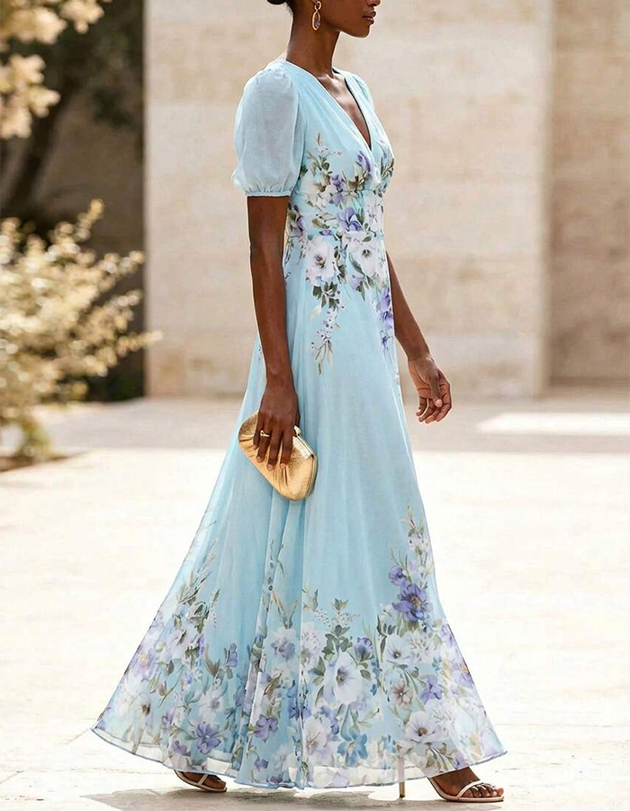 Sky Blue Chiffon Floral Print Maxi Dress