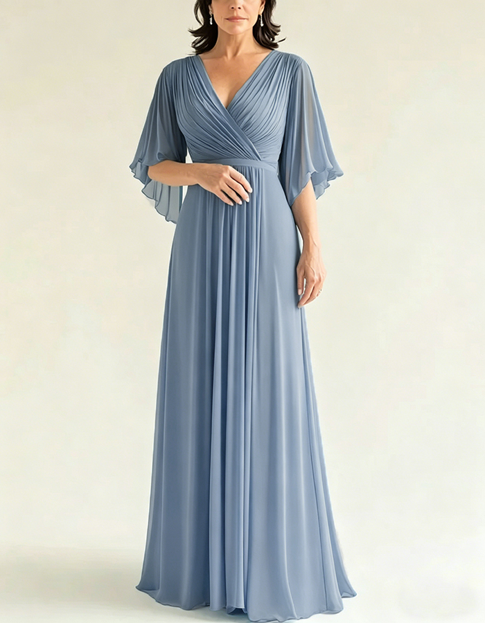 Grey Green Chiffon V-Neck Flutter Sleeves Maxi Dress