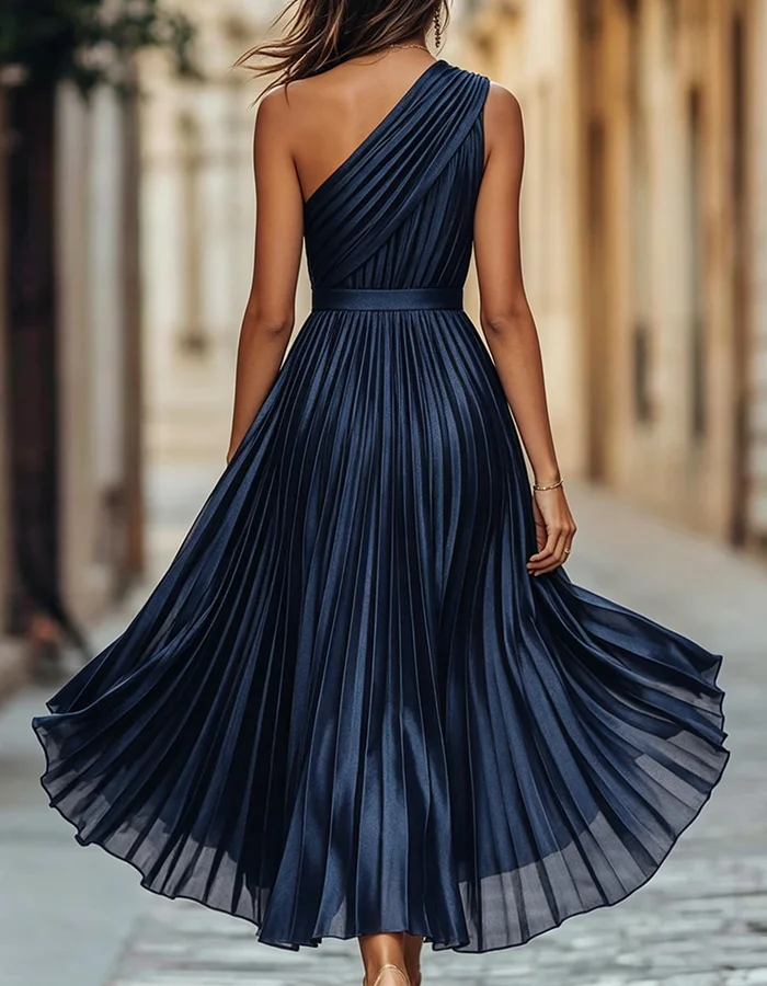 Navy Blue One-Shoulder Pleated Satin Asymmetric Midi Dress