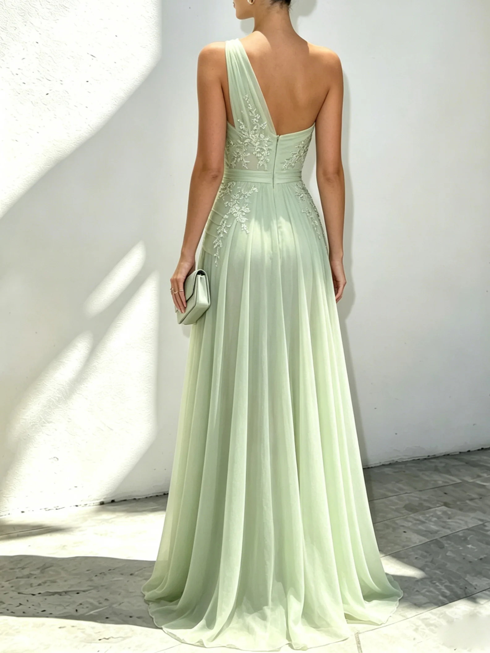 Lightgreen Applique 3D Floral Chiffon One Shoulder Sleeveless A-Line Floor Length Dress