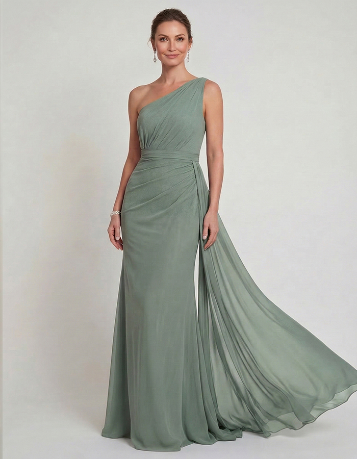 Grey Green Draped Chiffon One Shoulder Ribbon Maxi Dress