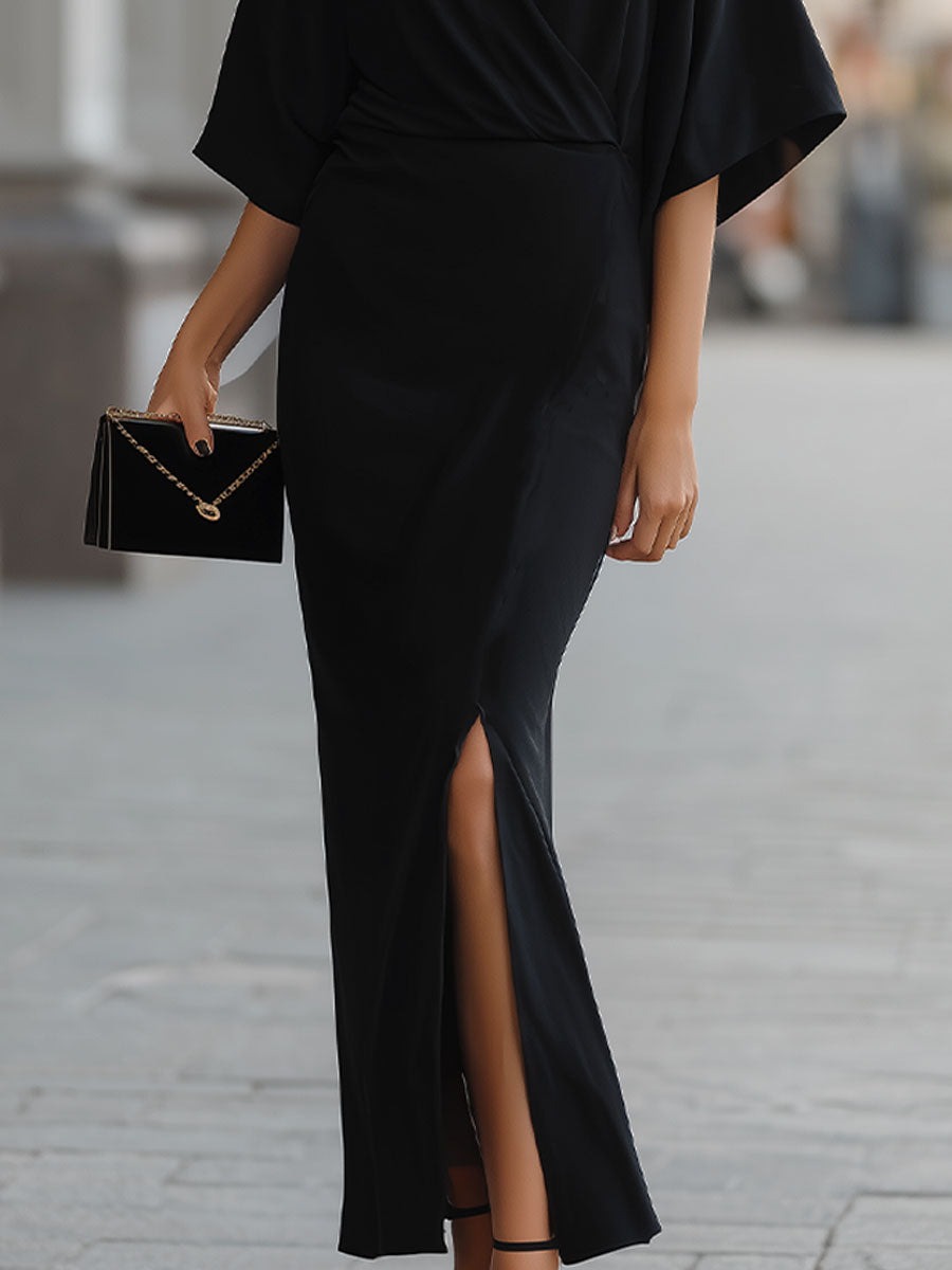 Chic Black Wrap Dress With High Slit